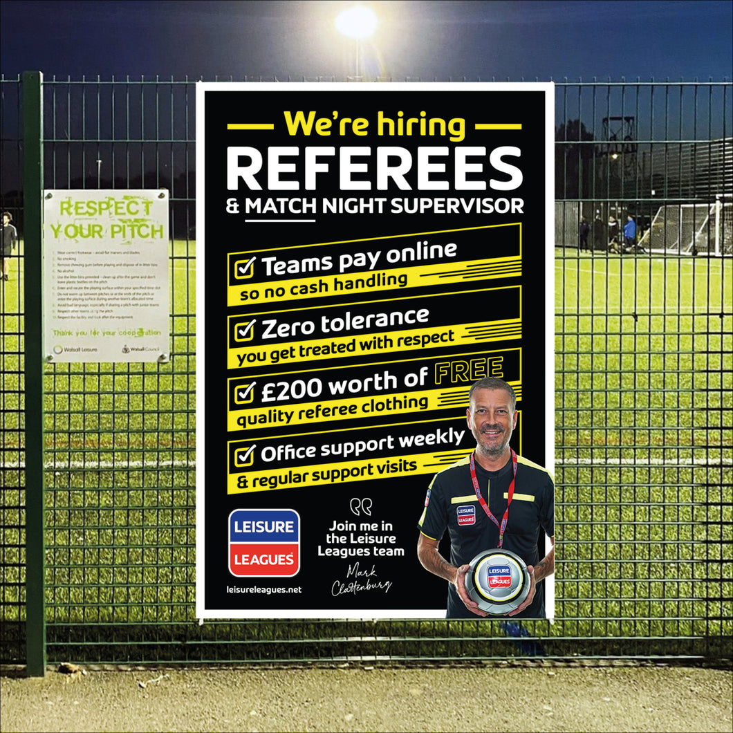 Pitchside 'We're Hiring Referees' Banner