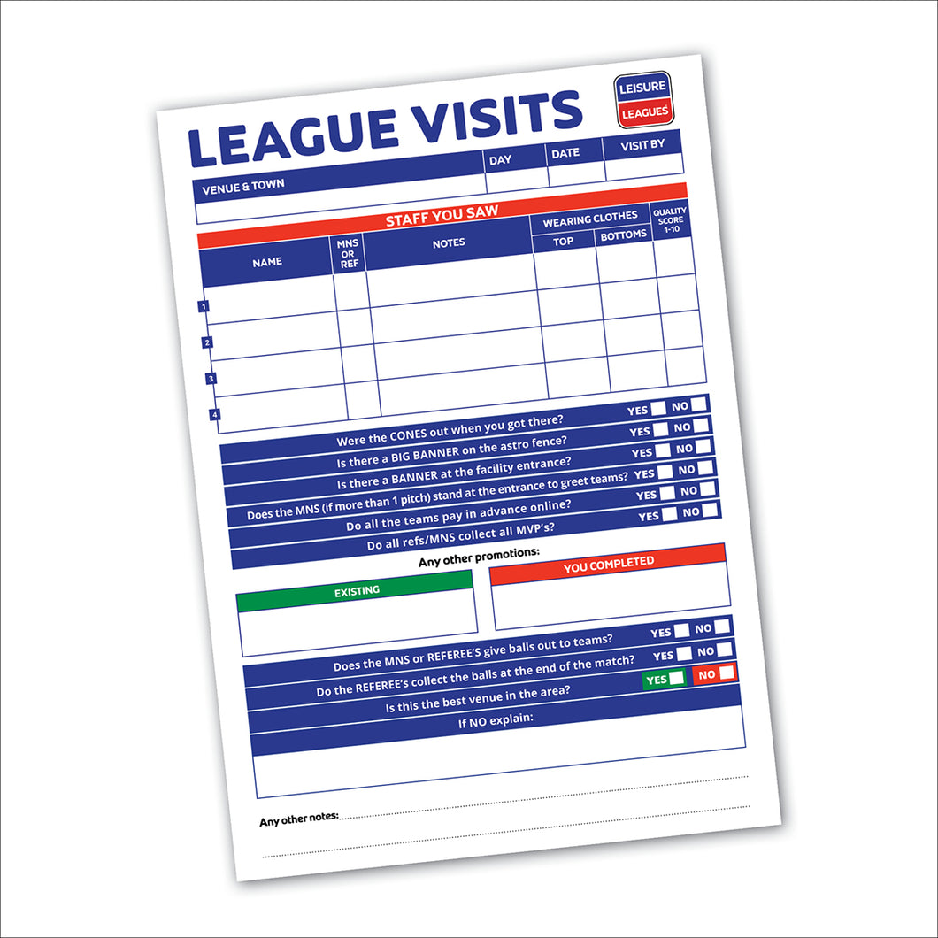 League Visits A4 Checklist Notepad